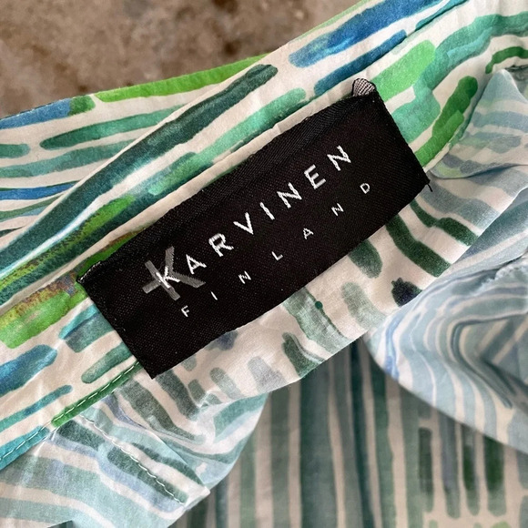 KARVINEN FINLAND button down shirt tunic mini dress green blue white abstract - Picture 2 of 11
